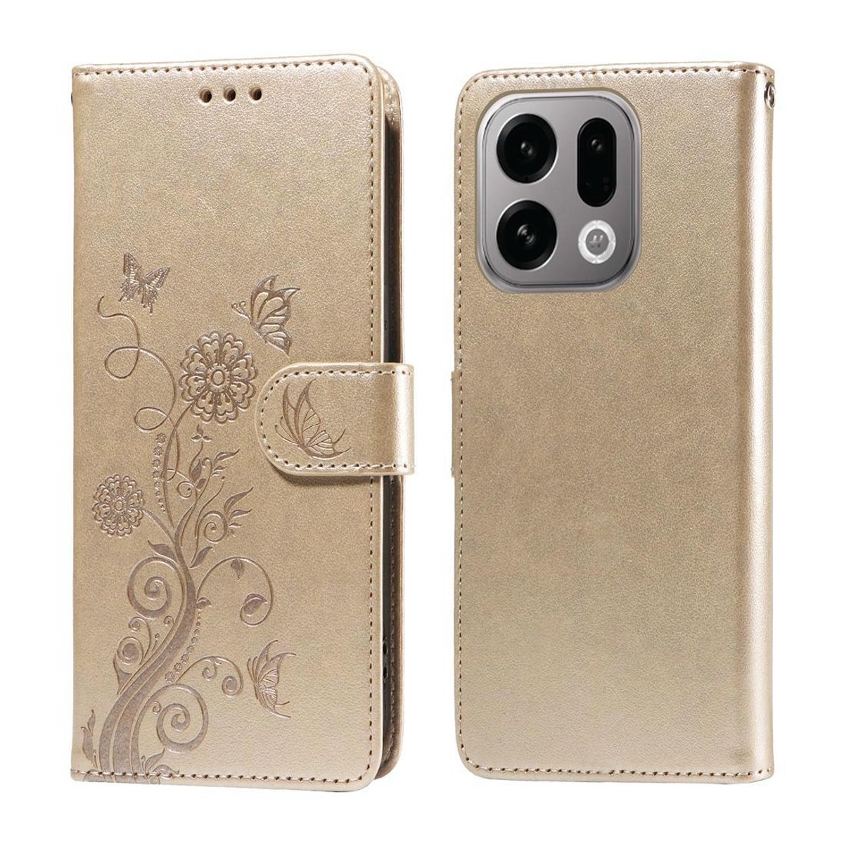 Mobigear Telefoonhoesje geschikt voor OPPO Find X9 Hoesje | Mobigear Flowers Bookcase Portemonnee | Pasjeshouder voor 3 Pasjes | Telefoonhoesje voor Pinpas / OV Kaart / Rijbewijs - Goud