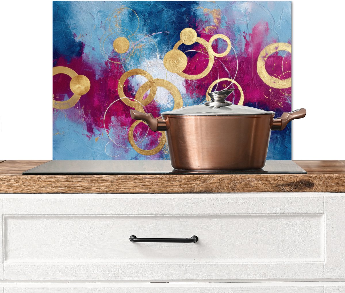 Spatscherm keuken 60x40 cm - Kookplaat achterwand Cirkels - Goud - Abstract - Muurbeschermer - Spatwand fornuis - Hoogwaardig aluminium