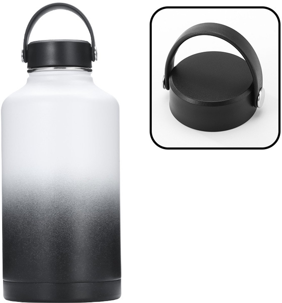 Handzame sportwaterfles/thermosfles - Zwart-wit handvat met plat deksel
