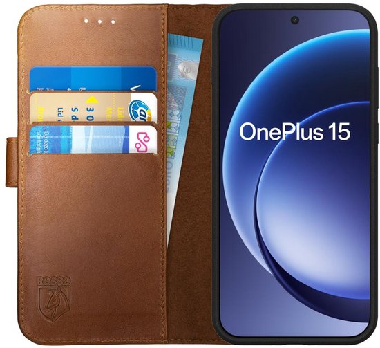 Étui en Cuir Véritable Rosso Deluxe Adapté au OnePlus 15 | Espace pour trois cartes | Étui portefeuille | Avec porte-cartes | Marron