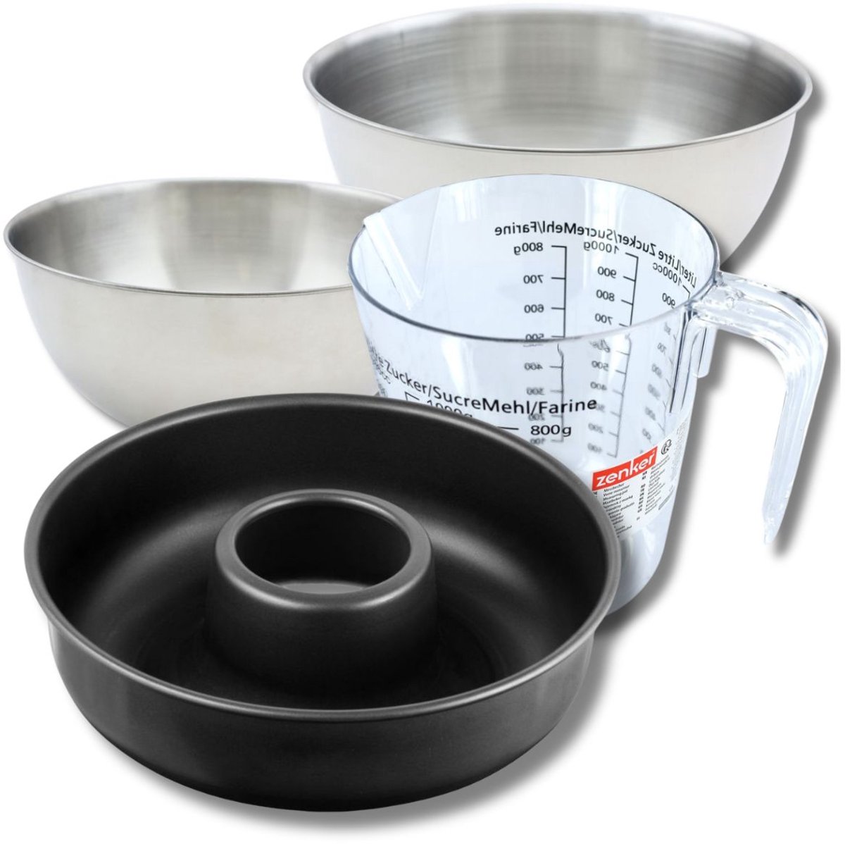 Bakkerset met 28 cm savarinvorm van staal, 2 mengkommen, maatbeker en spatel Zenker