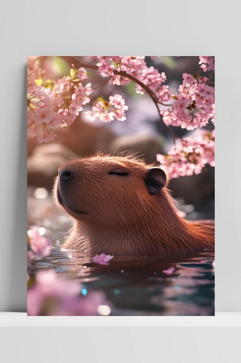 Capibara Poster - Dieren Posters - Kersembloesem - Ontspannend - Warmwaterbron - Metalen W