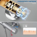 Thermostaatdouchekraan met interne mechanische onderdelen en een illustratie van waterstromen.