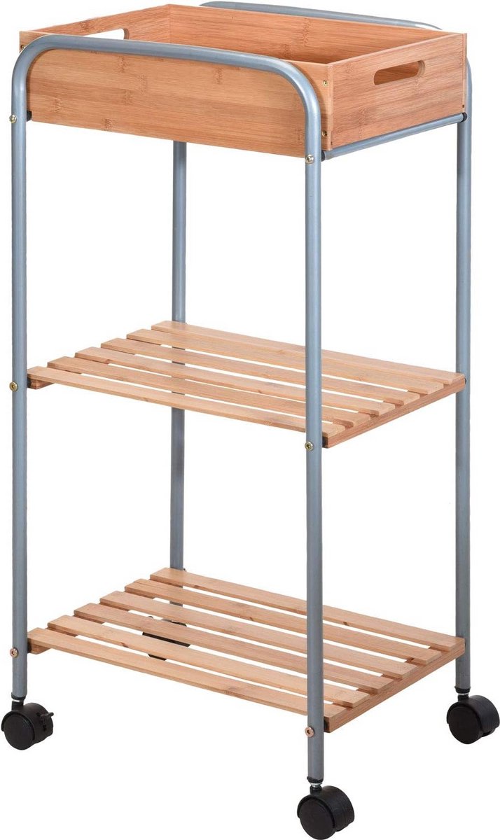 Keukenwagen met Bamboe Planken en 4 Wielen - Compact en Verrijdbaar