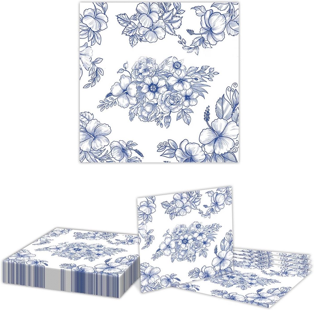 24 Stuks Papieren Servetten met Bloemenmotief Blauw/Wit voor Feestelijke Gelegenheden