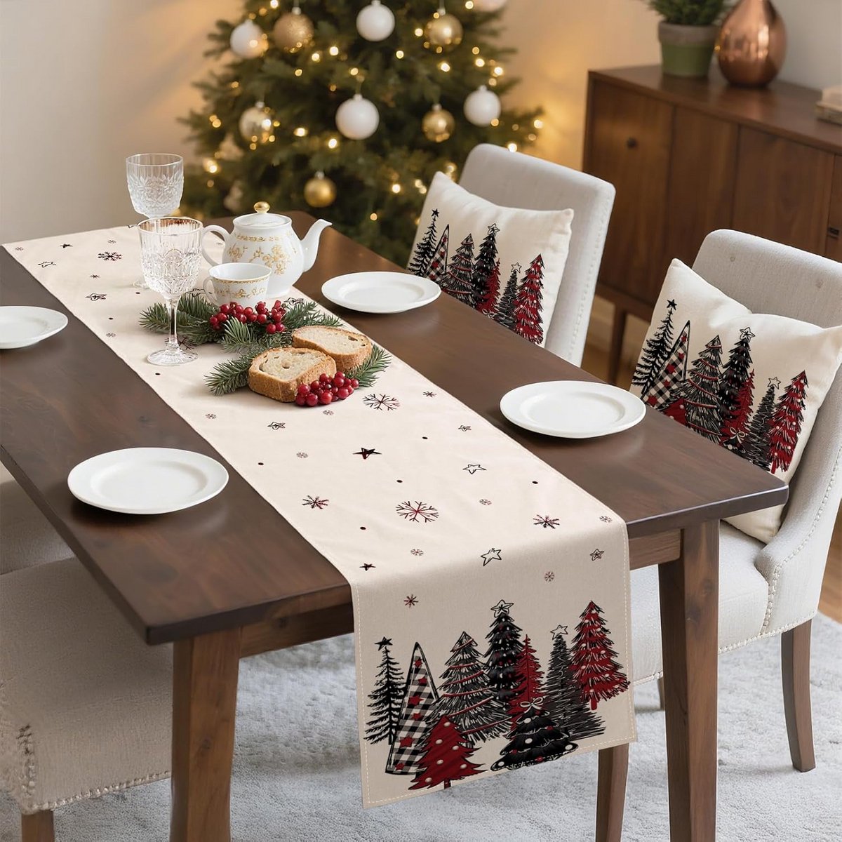 Kerst tafelrunner 40x140 cm zwart rood met kerstbomen sneeuwvlokken modern feestelijk