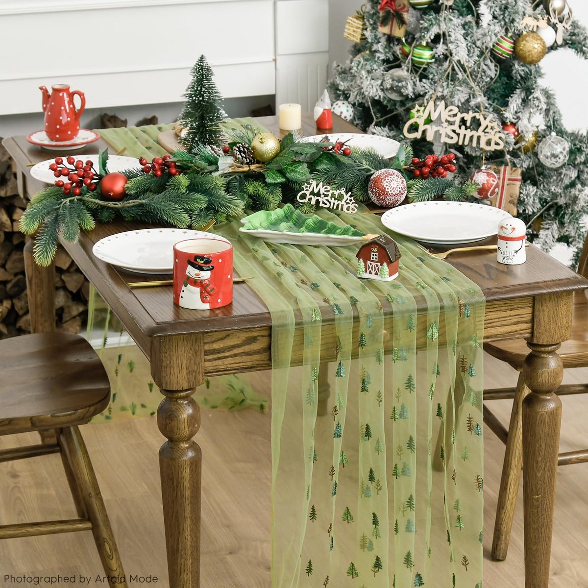 Groene borduurstiksels bos kerst tafelloper 70x300cm