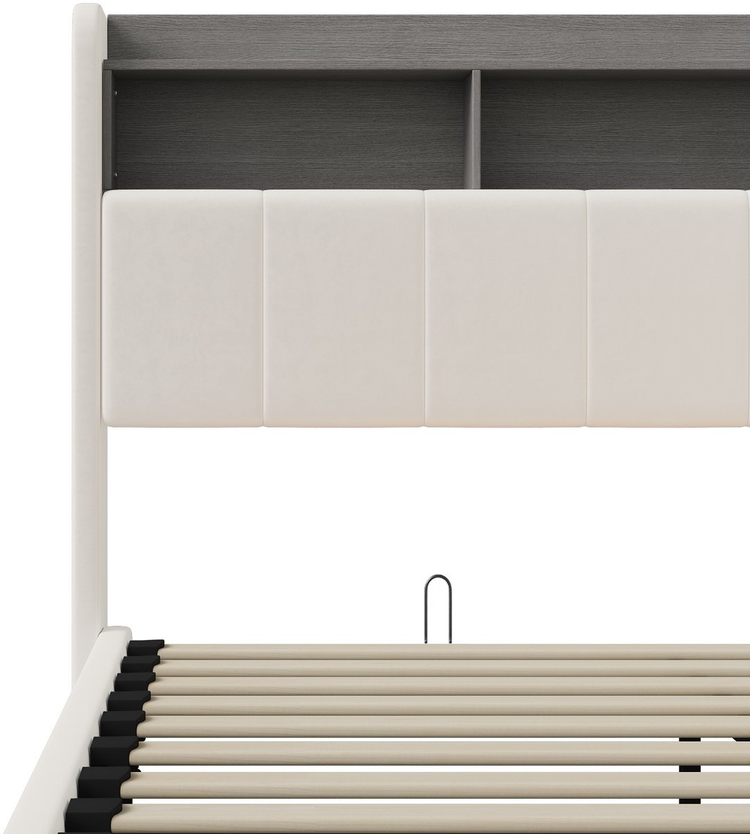 Hydraulisch Tweepersoons Opbergbed 160x200 cm Wit Fluweel met LED, USB en Bedhoofdopslag thumbnail 3