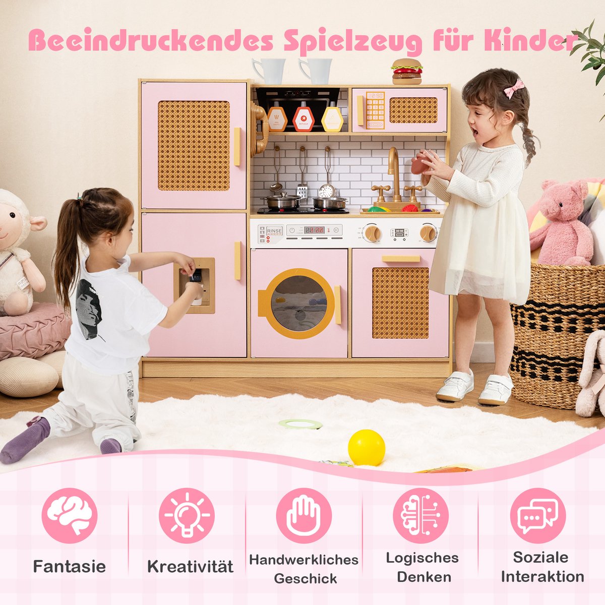 COSTWAY Kinderkeuken, speelkeuken, houten keuken met rotandeuren, licht en geluid, koelkast, waterdispenser, wasmachine en kookaccessoires, speelgoedkeuken voor kinderen vanaf 3 jaar (roze) — afbeelding 5