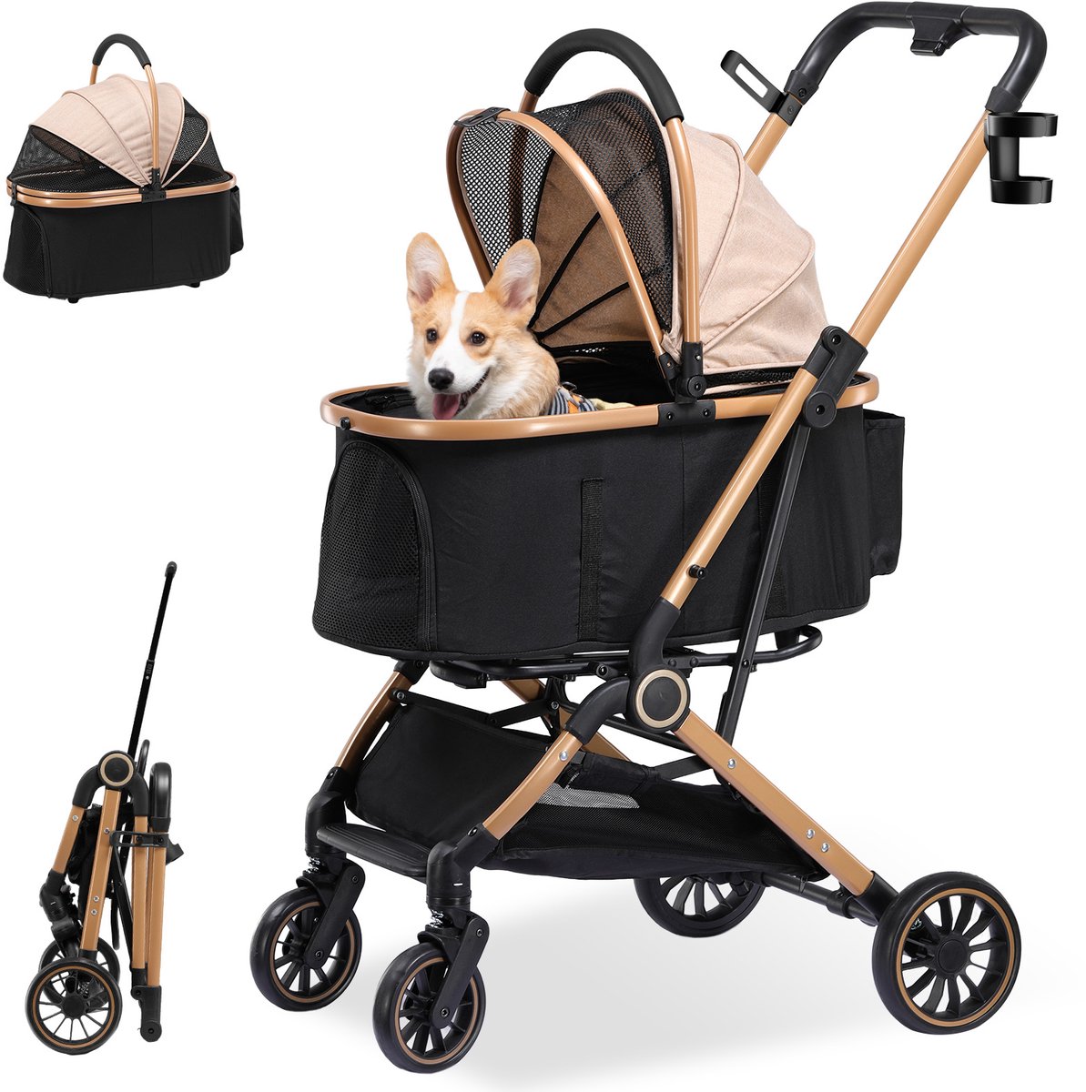 COMHOMA - Hondenbuggy Klapbaar 25 kg - 360° Draaibaar 4-in-1 - Goud