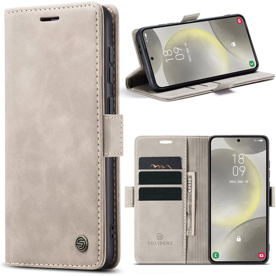Collage van een beige telefoonhoesje in boekstijl, open, gesloten en met kaarthouders.