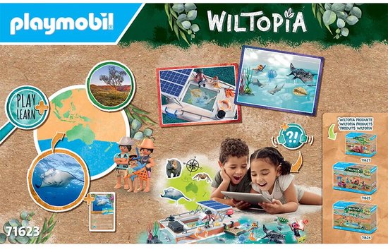Playmobil Wiltopia productinformatie met speelgoedboot, dieren en kinderen die tablet bekijken.