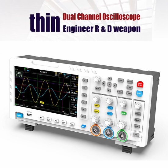 Oscilloscope numérique blanc avec accent gris, l'écran affiche deux ondes et le texte 'thin Dual Channel Oscilloscope'.