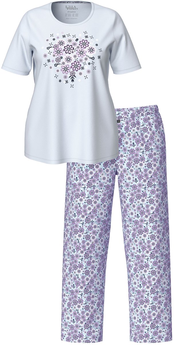 Ulla Popken Dames - Pyjama bloemen ronde hals korte mouwen - Blauw - Maat 42+