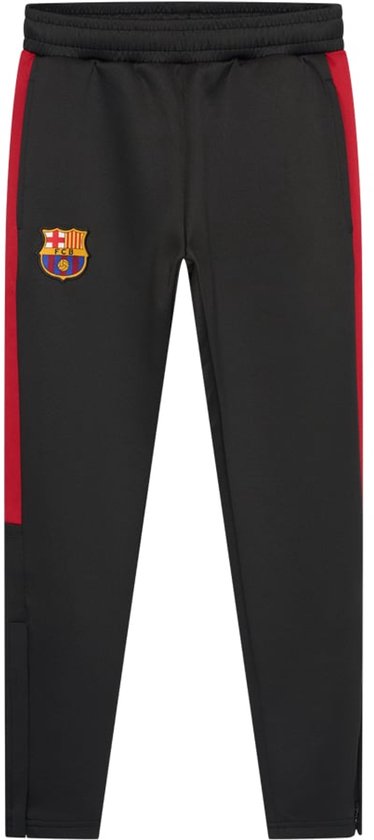 Zwarte trainingsbroek met rode strepen aan de zijkanten en het FC Barcelona-logo.