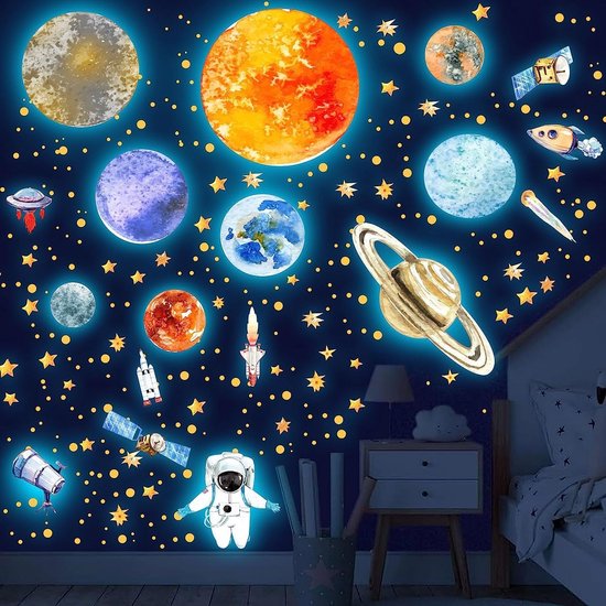 Muursticker, lichtgevende stickers, 9 planeten, lichtgevende sterren, astronaut, planeet, lichtgevende stickers, wandtattoo, lichtgevende sterren, zonnestelsel, fluorescerend, muursticker voor