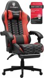 Rode en zwarte gamestoel met voetsteun, HICON logo en wit honingraatpatroon.
