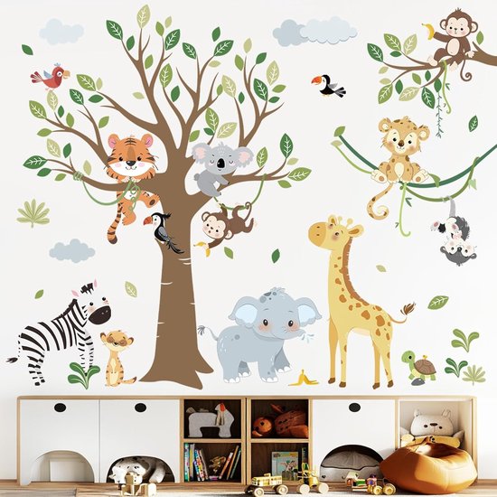 Grands Autocollants Muraux Forêt Animaux Arbre Jungle Éléphant Singe Girafe Autocollants Muraux Chambre Enfant Bébé Pépinière Chambre Mur Décor
