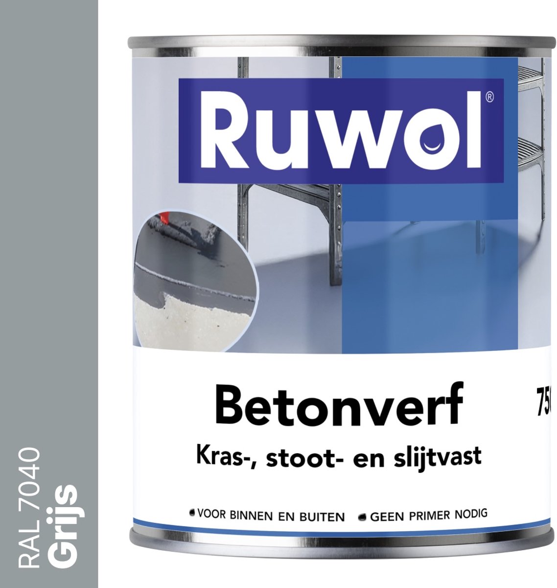Ruwol Betonverf Grijs (RAL 7040) 750 ml - Voor binnen en buiten - Alle kleuren - Kras-, stoot- en slijtvaste verf voor beton en steen - Betonverf voor buiten