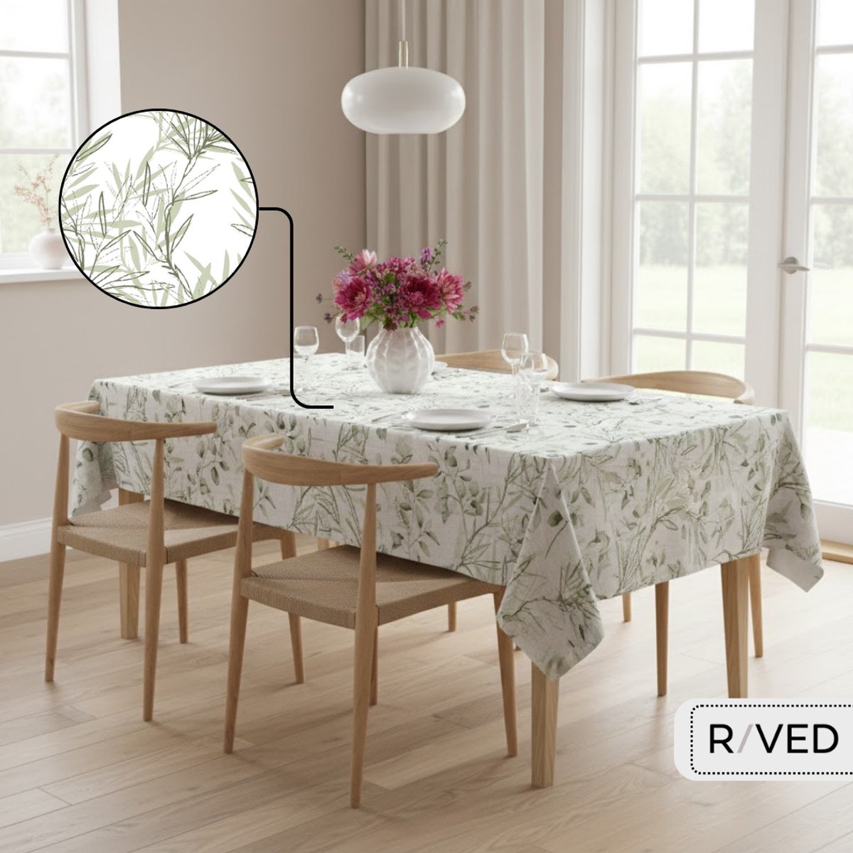 Raved Tafelzeil – 140 cm x 140 cm – Getekende Bladeren Groen – PVC – Afwasbaar