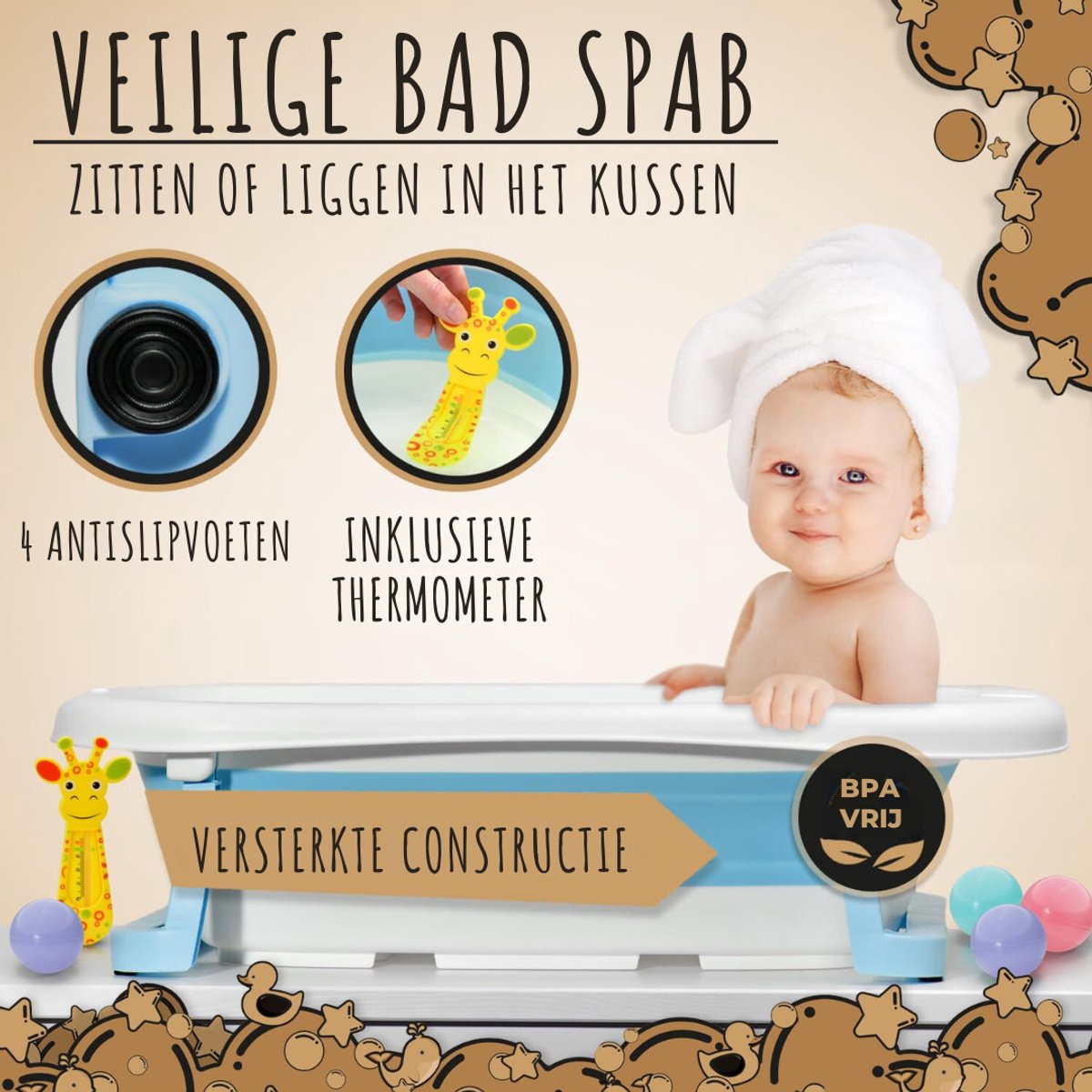 VIN® Baby Badje Met Standaard - Babybadje - Inklapbaar Bad Met Kussen - Bad Baby 50 Liter - Zitbad Met 4 Speelballen- Opvouwbaar Bad Kinderen - Baby badje - Bath Bucket - Opvouwbaar bad baby - Babybadset
