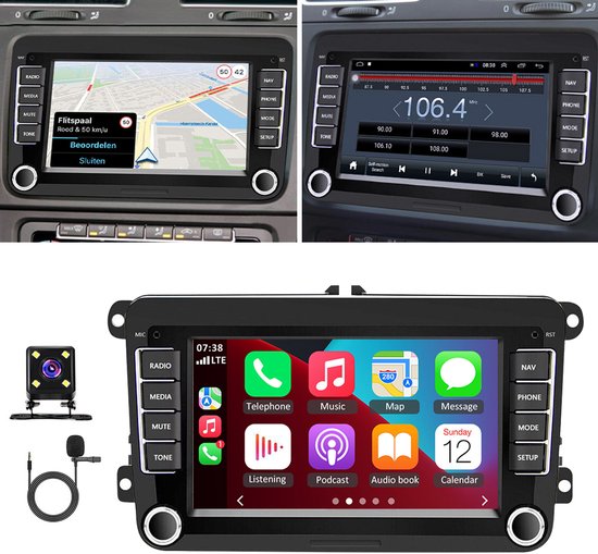 Android 13-touchscreen voor in de auto | 7 inch, 2+32 GB, GPS-systeem, ondersteuning voor draadloze CarPlay + achteruitrijcamera – geschikt voor Volkswagen