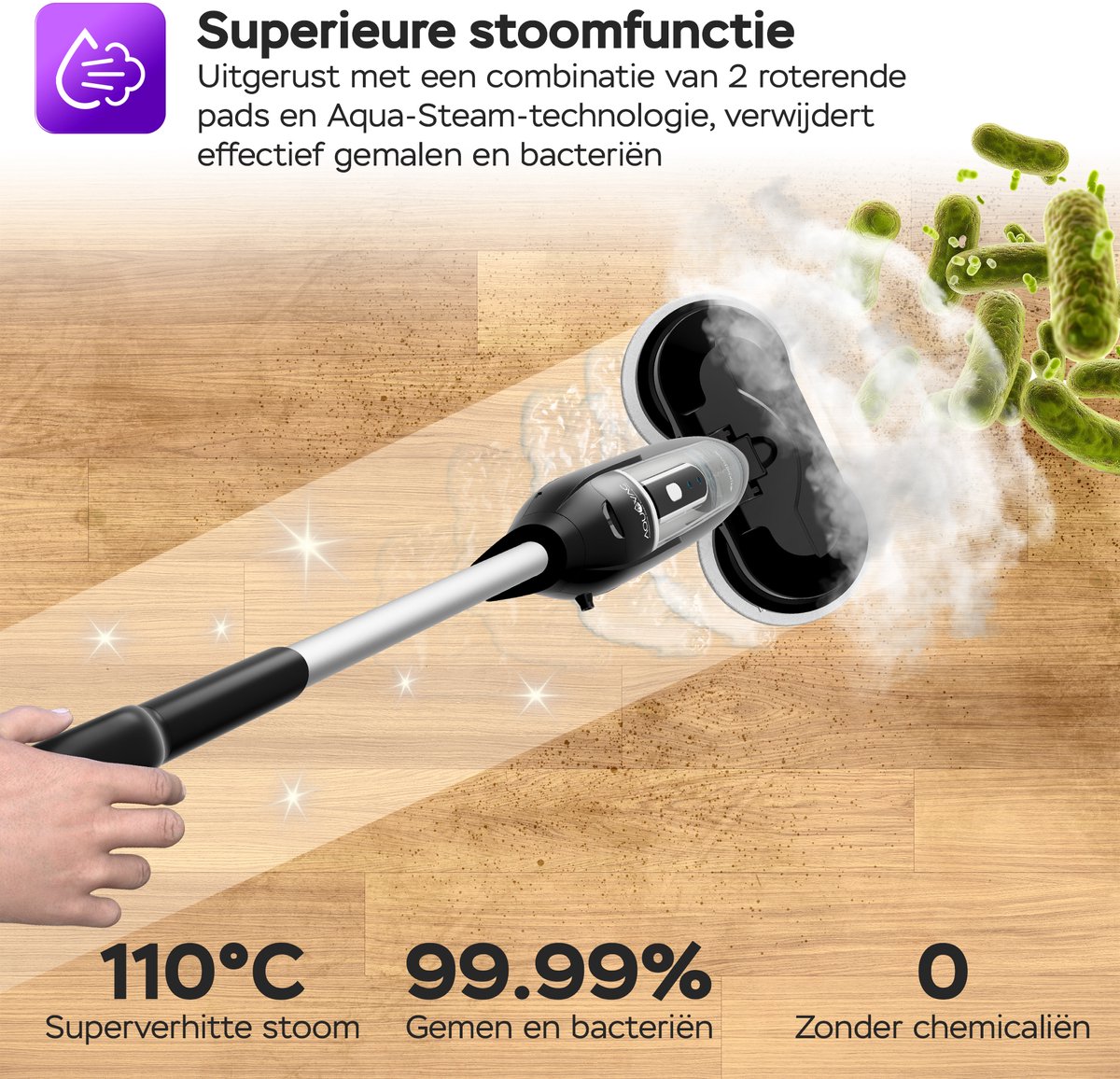 TurboTronic AquaVac AQV700 Stoomreiniger Vloer – Elektrische - Dweil - Stoomdweil met Dubbele Pads – Krachtige 1200W Stoomreiniger voor Alle Harde Vloeren thumbnail 6