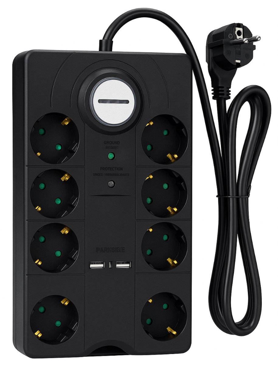 PARKSIDE® Stekkerdoos met Overspanningsbeveiliging - 8 Stopcontacten - 2 USB Poorten (2,1A) - 2 Meter Kabel - Schakelaar met Verlichting - 3680W - Zwart