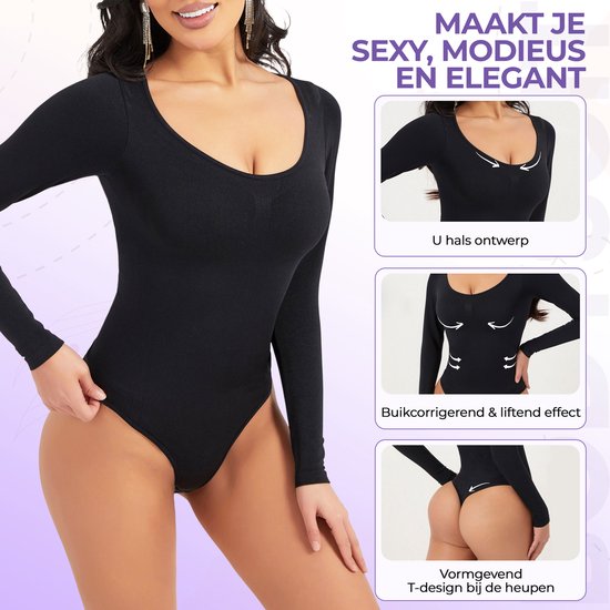 Zwarte body met lange mouwen, U-hals, buikcorrigerend en T-string. Wordt gedragen door een model.