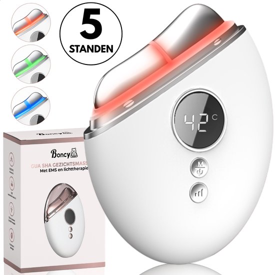Wit Boncy Gua Sha gezichtsmassageapparaat met rode gloed, naast de verpakking en kleine icoontjes van lichtstanden.