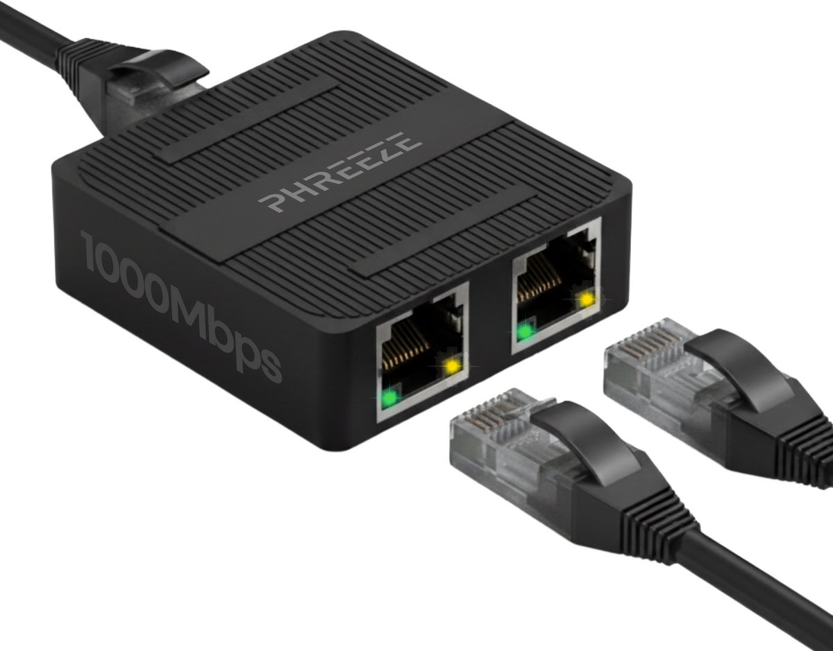 Phreeze Internet Splitter 1 naar 2 - Ethernet Splitter - Netwerk Switch - UTP Splitter - 2 Poort Gigabit 1000 Mbps - Met USB-C Voeding