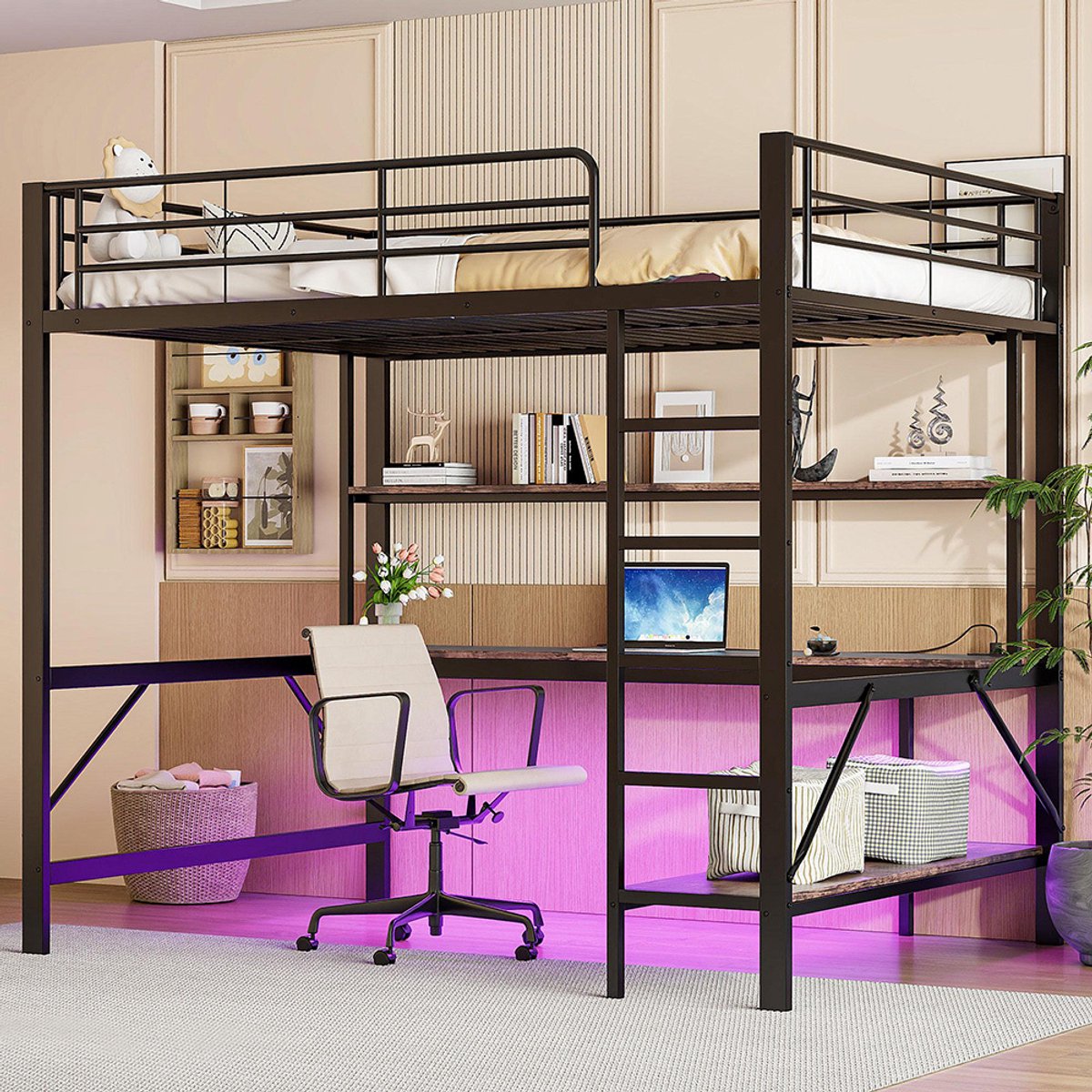 KOMHTOM Hoogslaper - Maten 140x200 cm - Met Leuning en Trapladder - Ingebouwde USB en Stopcontact - Met LED-verlichting en Bureau - Zonder Matras - Metaal - Zwart