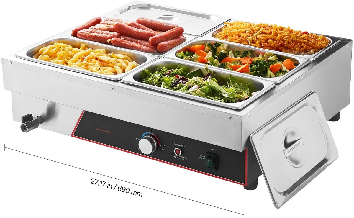 Voedselwarmer - Buffetwarmer Bain-marie - Set met 6x Gastronorm 1/3 Bakken - Vermogen 1500 W - Roestvrij Staal - Horeca