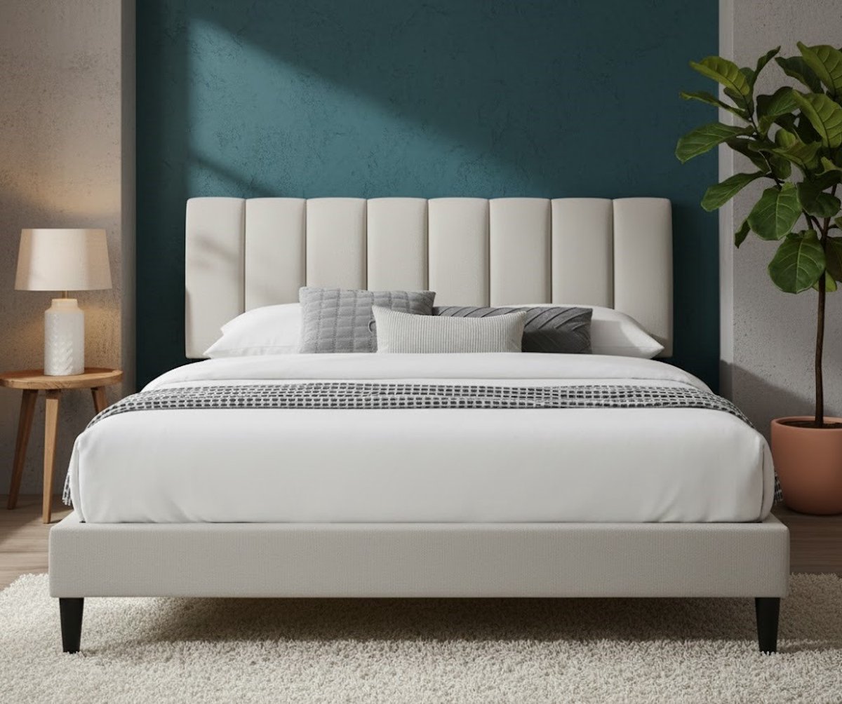 Moderne Tweepersoonsbed 160x200 cm met Gevoerd Hoofdeinde en Lattenbodem – Beige of Grijs – Comfortabel, Robuust en Stijlvol Bed voor Slaapkamer, Logeerkamer of Kinderkamer Depauwwonen