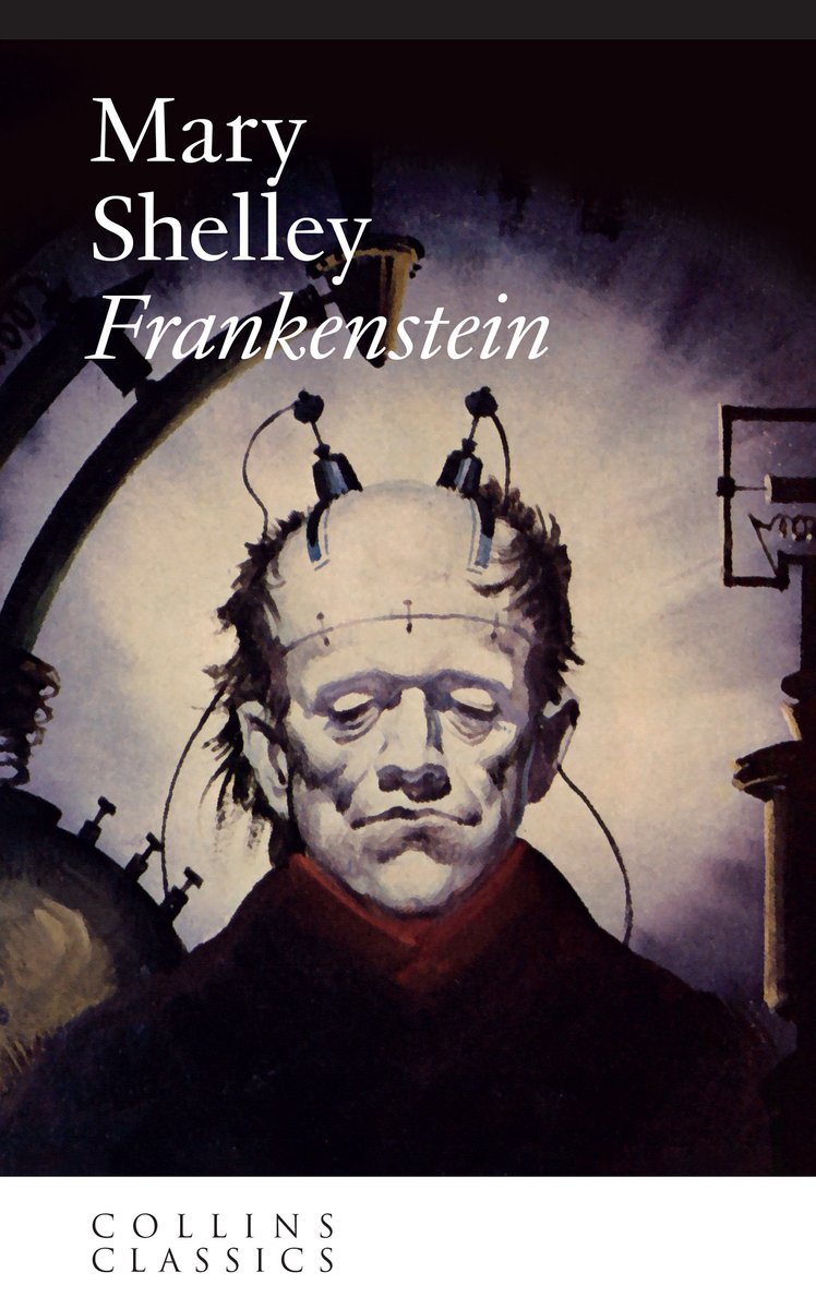 Boekomslag van 'Frankenstein' door Mary Shelley. Met illustratie van het hoofd van Frankenstein.
