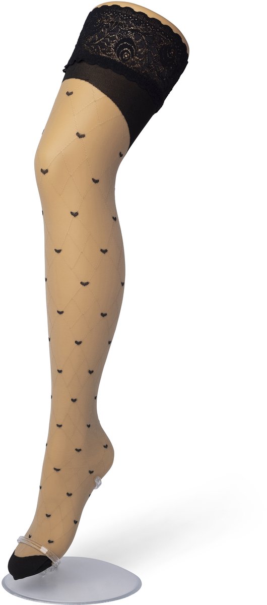 Bonnie Doon Dames Hold Up met Hartjes Print maat L/XL Beige - Brede Siliconen Band - Little Hearts Hold Up - Zakt niet af - Bies aan Achterkant - Panty zonder Broekje - Siliconenrand - Blijven Perfect Plakken - Panty Kousen - Nude - BP201705.297