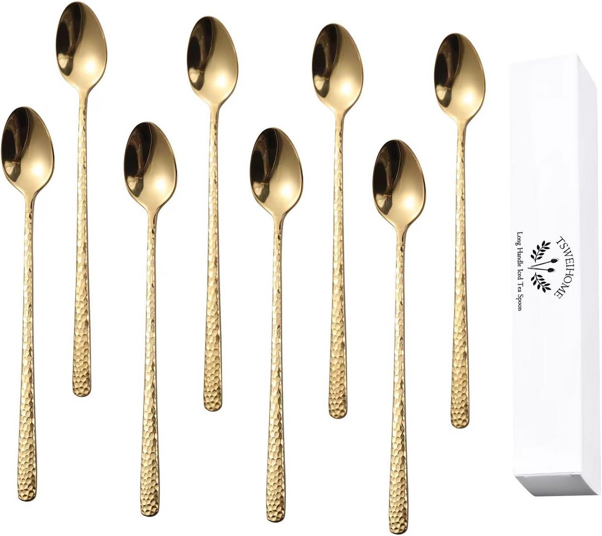 Set van 8 lange cocktaillepels gehamerd goud RVS