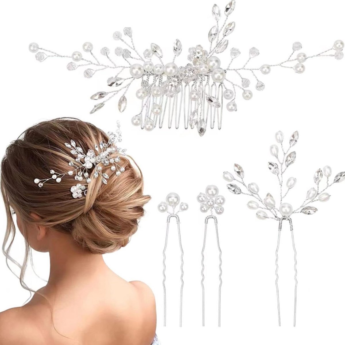 Set van 4 Luxe Bruidshaarspelden met Parel en Kristal - Zilver