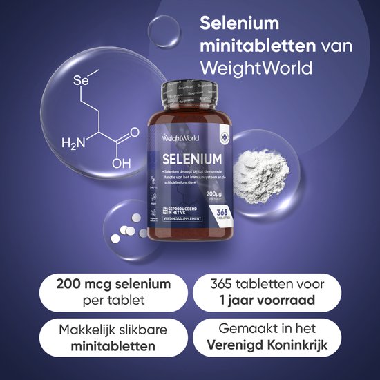 Pot WeightWorld Selenium met chemische formule, tekst en icoontjes.