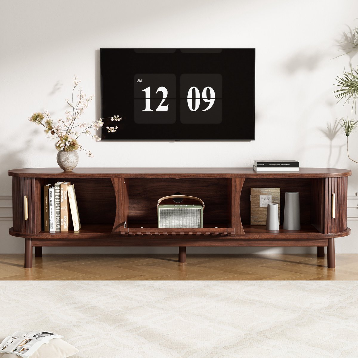 STILVORA TV-Meubel - TV-Kast Met Schuifdeuren En Klapdeur - 3 Opbergvakken Met Houten Lamellen - Geschikt Voor 65 Inch - MDF - 165x39,5x46 Cm - Bruin
