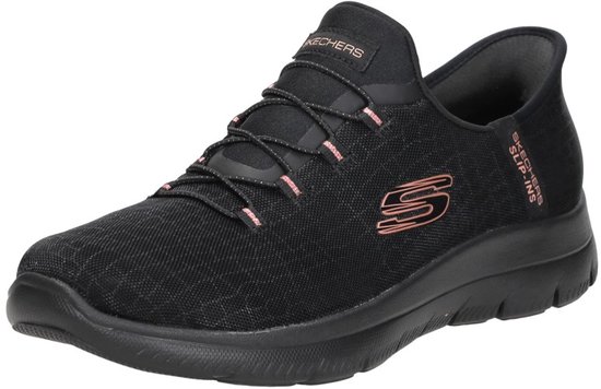 Zwarte Skechers Slip-Ins damesinstapper met roze accenten en een S-logo.