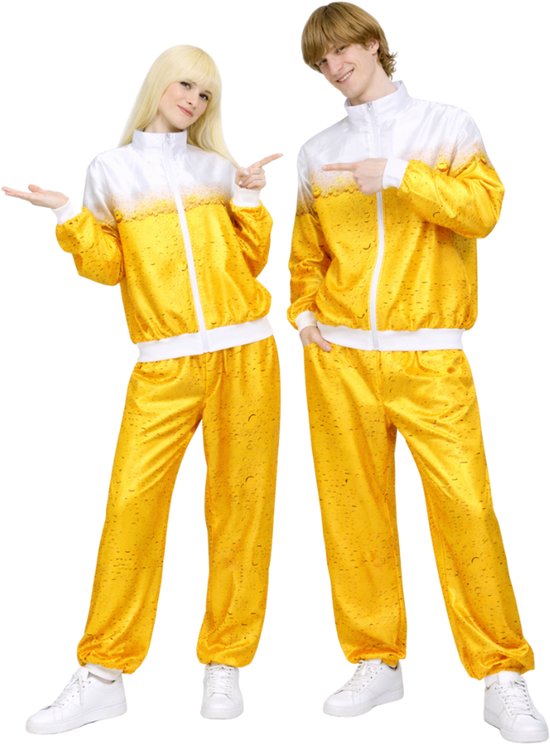 Joya Party® Retro Bier Trainingspak Volwassenen | Carnavalskleding Heren & Dames | Verkleedkleren Man Vrouw | Jaren 80 & 90 Stijl | Unisex Oversized | Verkleedpak | Carnaval, Halloween & Verkleedfeest | Bierpak | Bier Patroon | Maat XL/XXL
