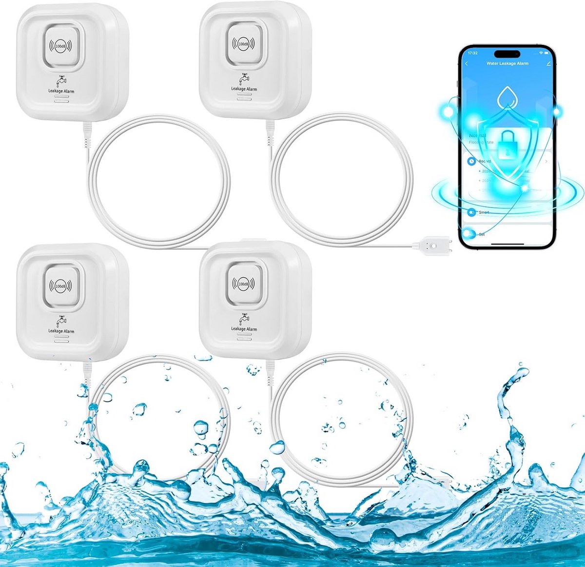Watermelder - Watersensor Alarm - Waterschade Voorkomen - Wifi App Meldingen - 4 stuks - Wit