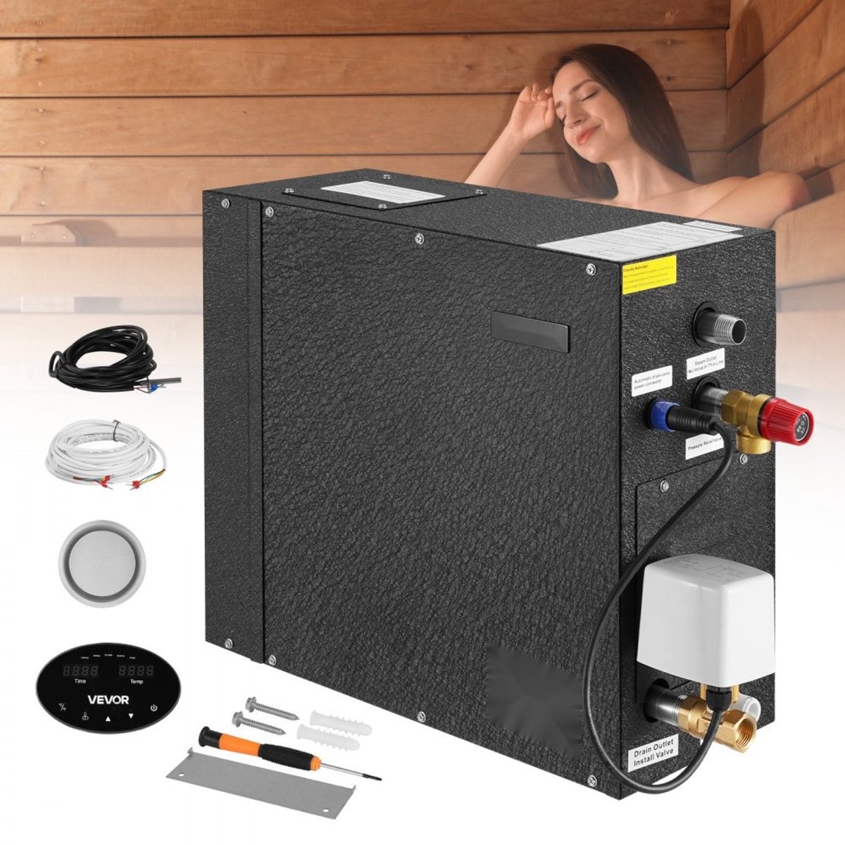Sauna Stoomgenerator - Stoomdouchesysteem - 7,5 kW - Bedieningspaneel - Automatische Afvoer - Oververhittings-, Droogloop- en Overdrukbeveiliging - Zwart