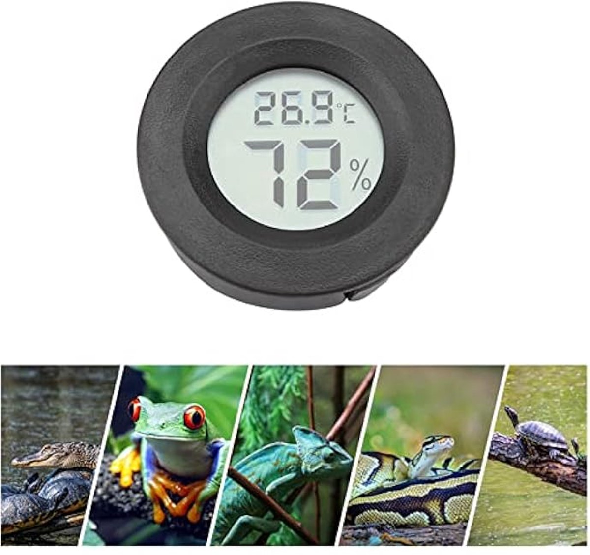 Mini digitale LCD-thermometer, hygrometer, ronde reptielenverblijfthermometer en hygrometer (zwart)