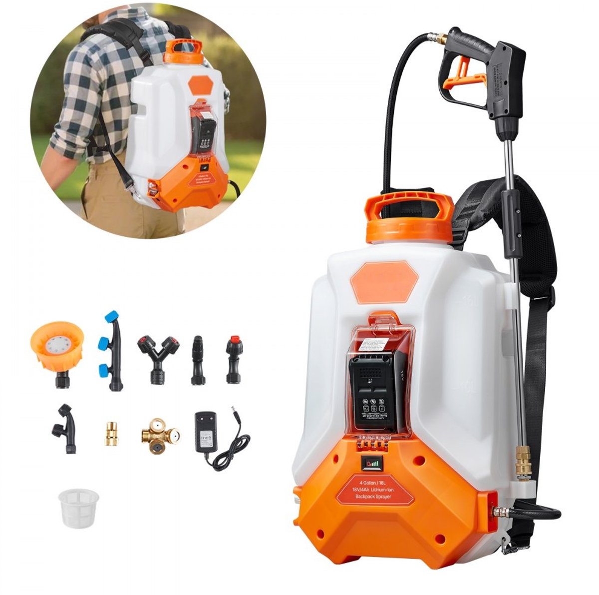 Accu Drukspuit - Elektrische Rugspuit 16 Liter - Instelbare Druk 0-6 Bar - 4 Uur Werktijd - 2 Spuitlansen - 8 Sproeikoppen - Voor Onkruidbestrijding & Reiniging