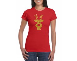 Bellatio Decorations Kerst T-shirt voor dames - rendier - rood - glitter bedrukking - goud - kerst shirt/outfit L