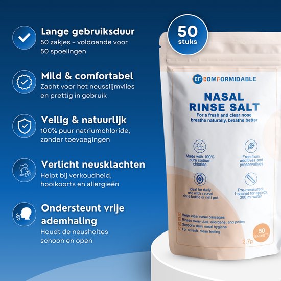 Spoelzout Neusdouche – 50 Zakjes x 2.7g – Nasaal Spoelzout – Zoutoplossing voor Neusreiniging – Spoelzout Neus – Neti Pot - 100% Zuiver Zout - Comformidable®