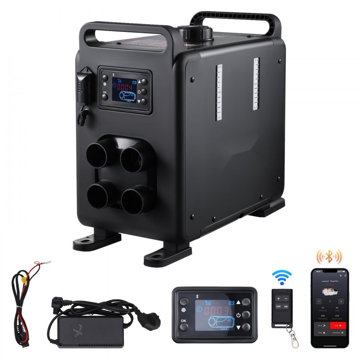 Dieselverwarming 8 kW - Alles-in-één Dieselluchtverwarmer/Standkachel 12V/24V - Bluetooth appbediening - Afstandsbediening - Display - CO-alarm - Draagbaar - Verticaal
