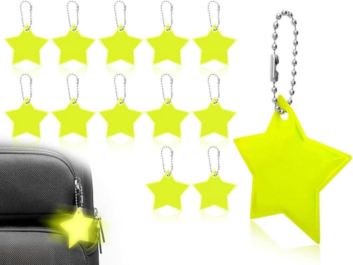 EGoods - Reflecterende Sterreflector Sleutelhanger Set voor Kinderen - Rugzak Schooltas Fietsen - Geel Reflectie Hangers - Veiligheid Wandelen Hardlopen - 12 Stuks